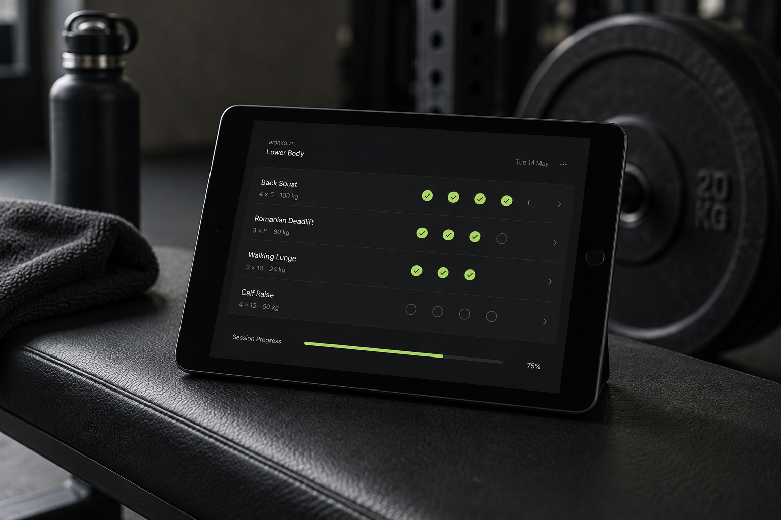 Concept illustration of workout software on a tablet in a gym