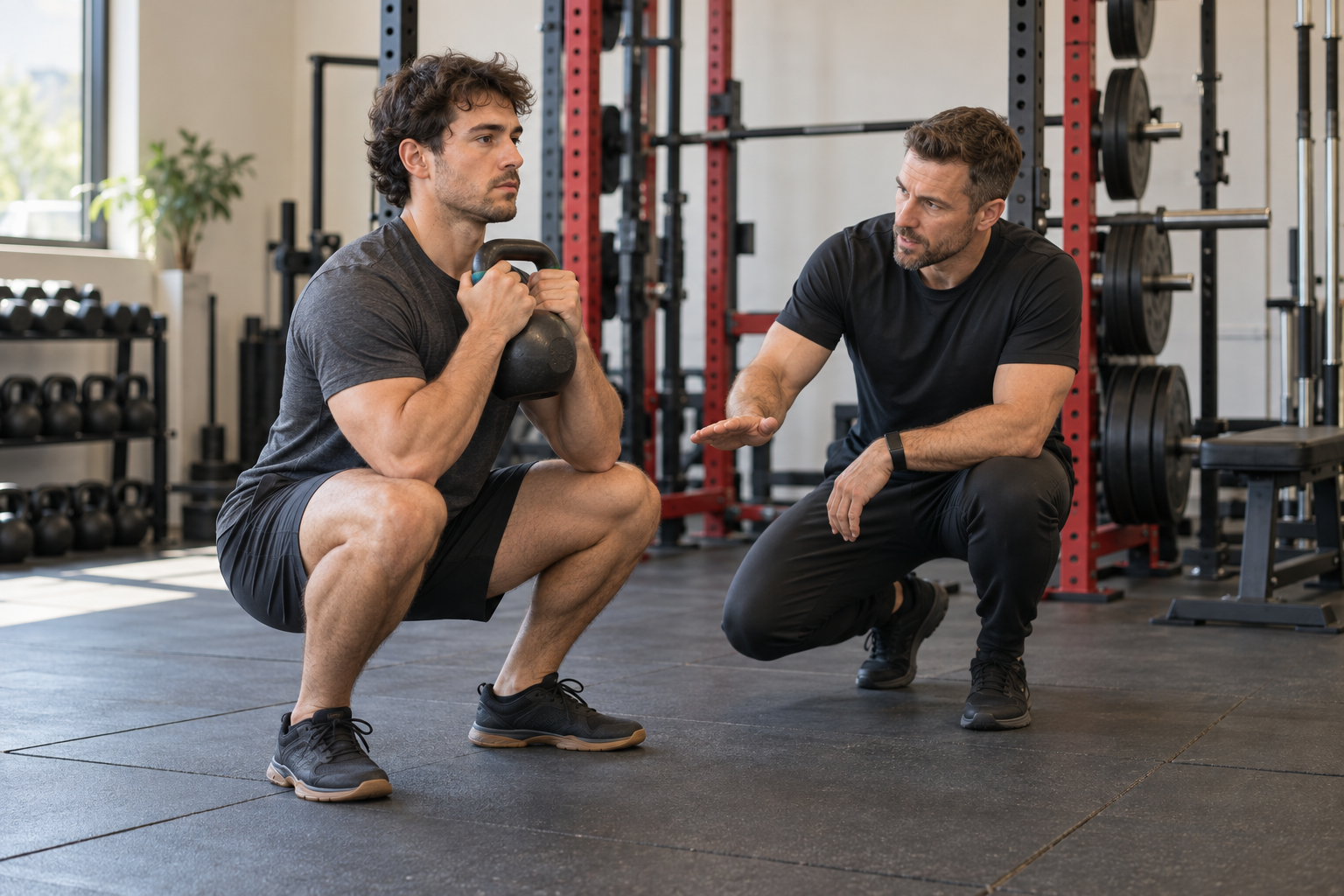 AI-generated illustration of a coach guiding a lifter through a kettlebell goblet squat