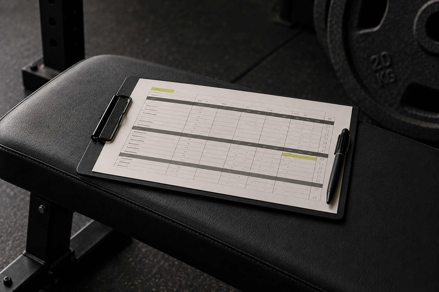 Concept illustration of a printed training program on a gym clipboard